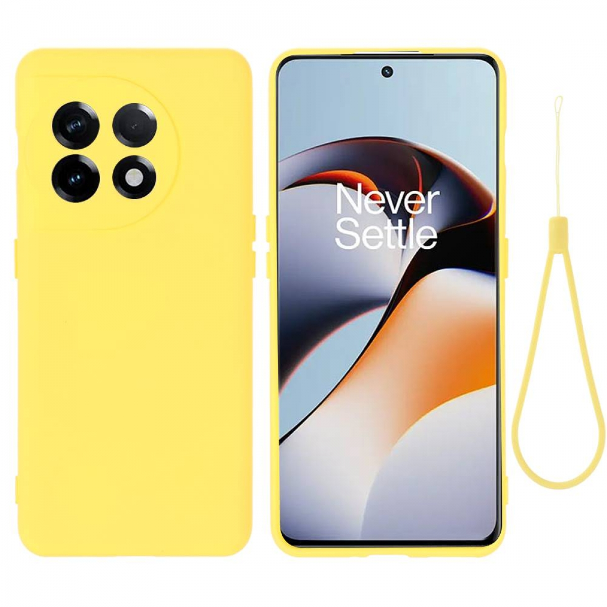 Gelbe Handyhülle mit Telefon und Riemen auf weißem Hintergrund.