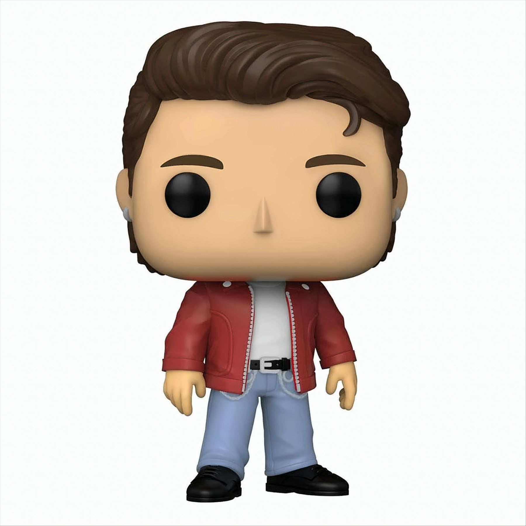 Eine Funko Pop Figur eines Mannes mit braunem Haar, roter Jacke, blauen Jeans und schwarzen Schuhen.