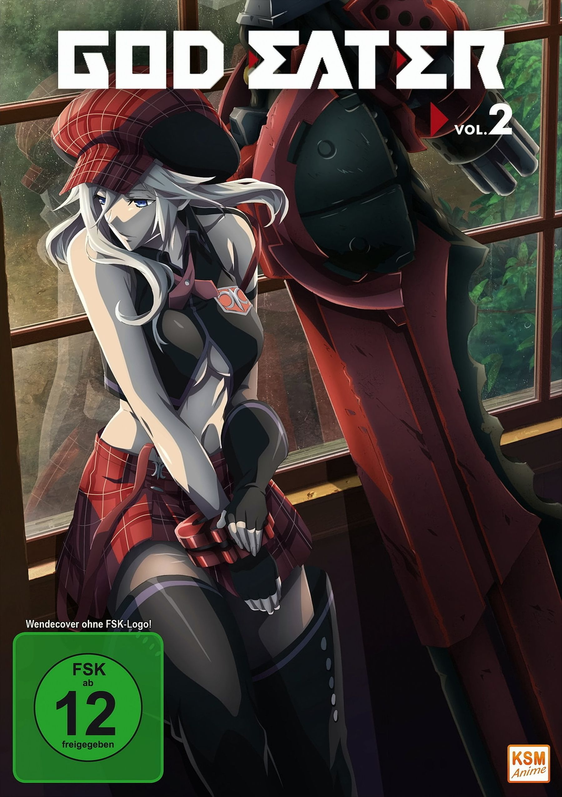 Anime DVD-Cover. Eine Frau in roter Kleidung steht vor einem Fenster.