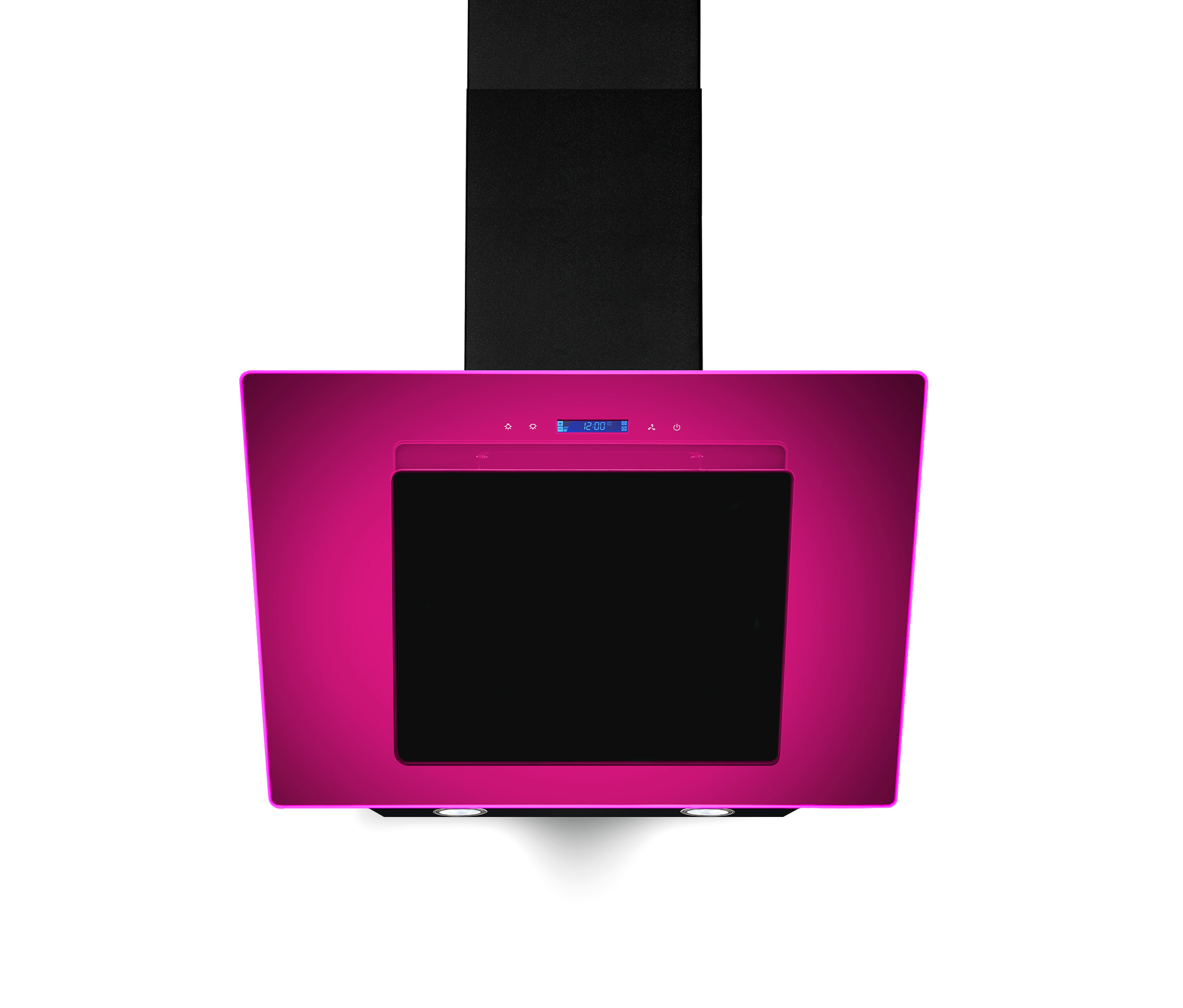 Eine rosa Dunstabzugshaube mit schwarzem Panel und Display, vor weißem Hintergrund.