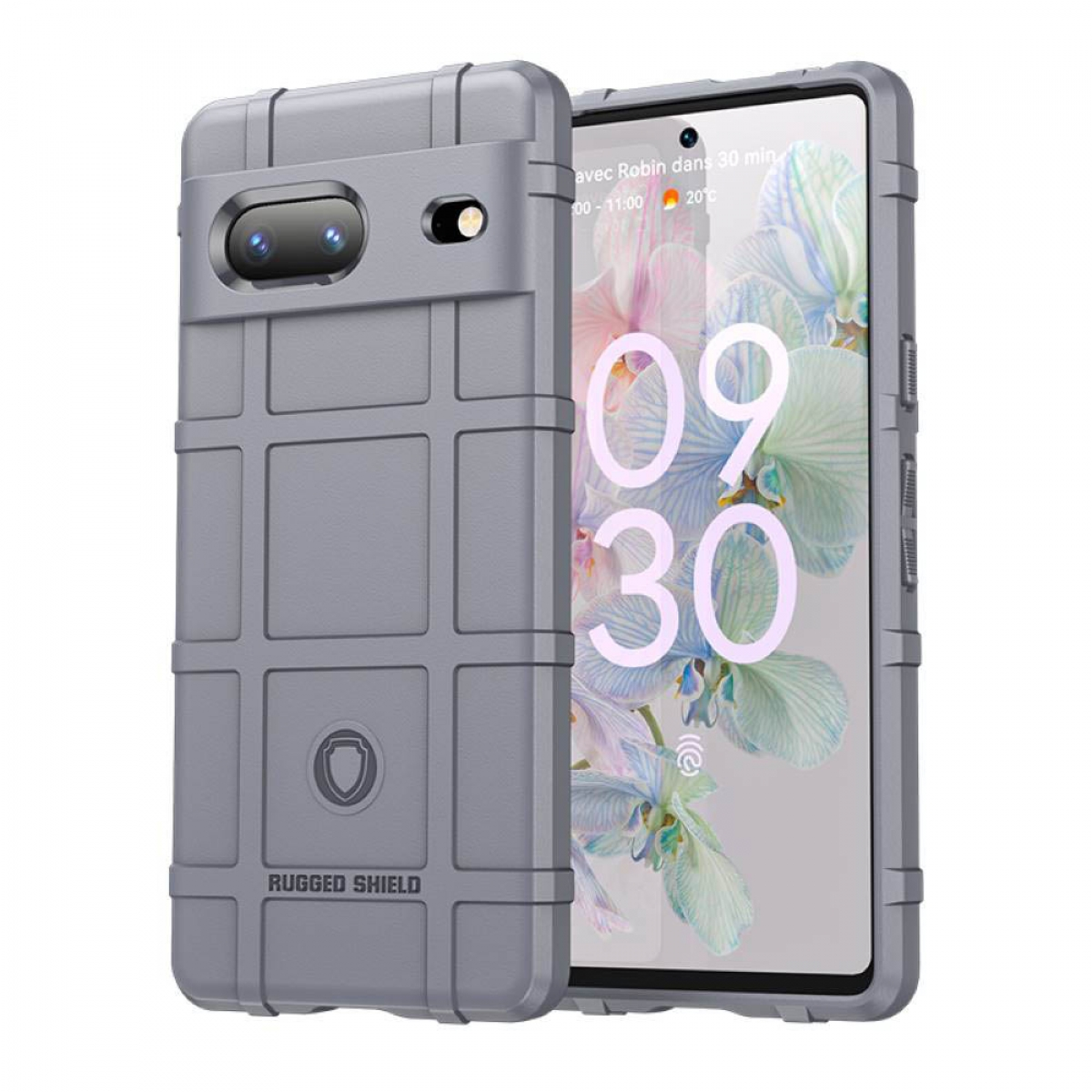 Graues Telefon in grauer Hülle. Zeigt Telefonbildschirm mit Kalender. Die Hülle hat Design.