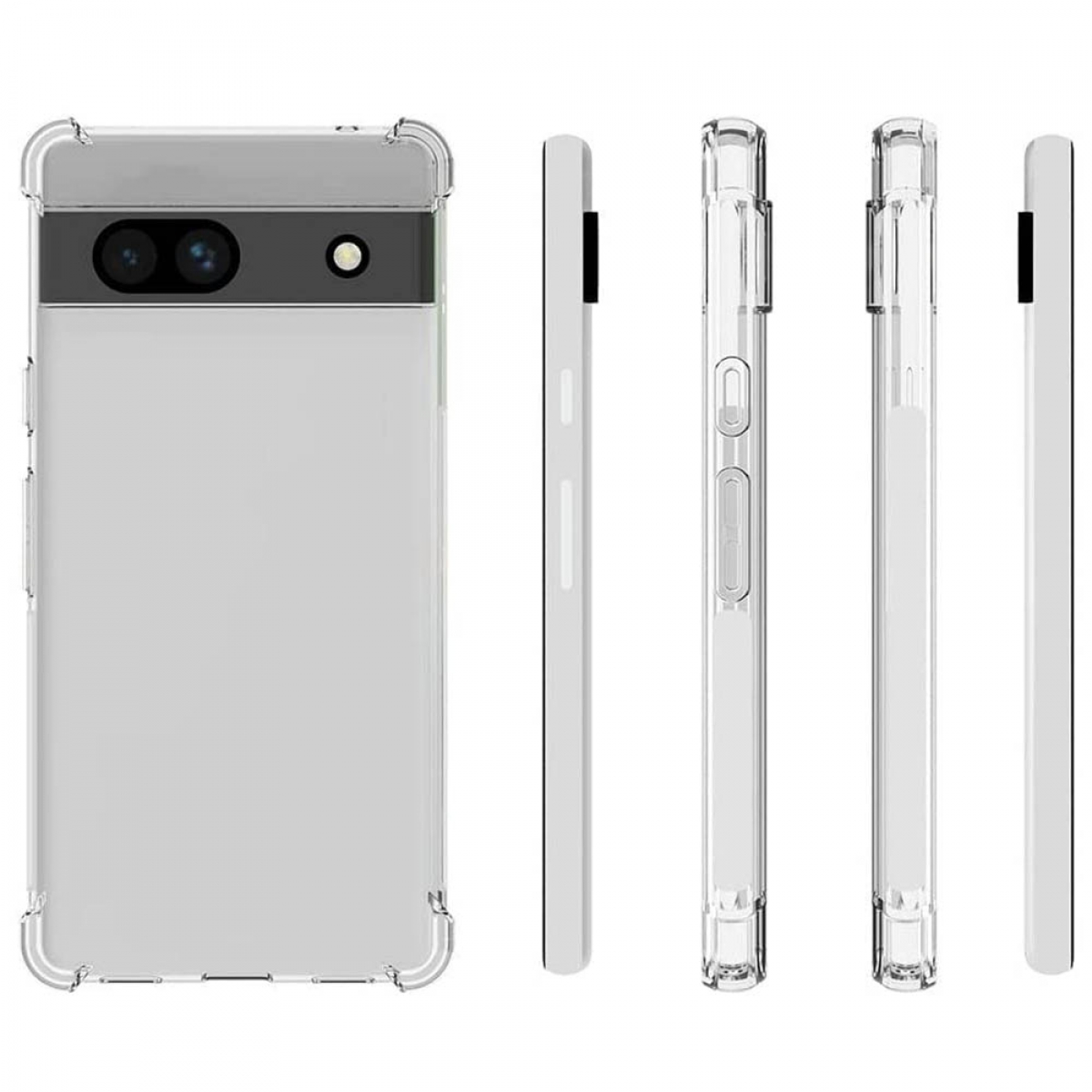 Eine transparente Handyhülle wird aus verschiedenen Blickwinkeln gezeigt und gibt das Handy-Design frei.