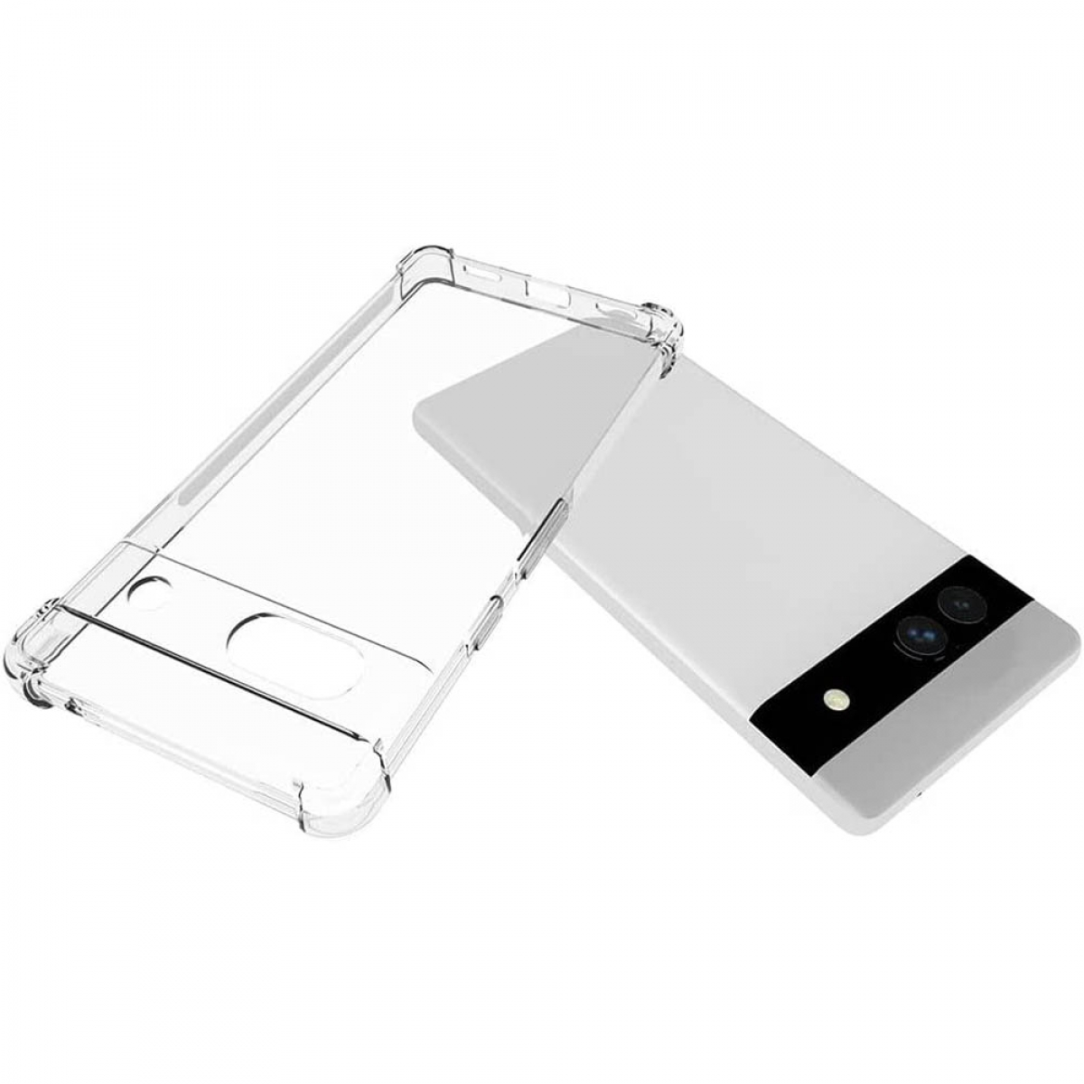 Eine transparente Handyhülle mit Telefon darin, auf weißer Oberfläche.