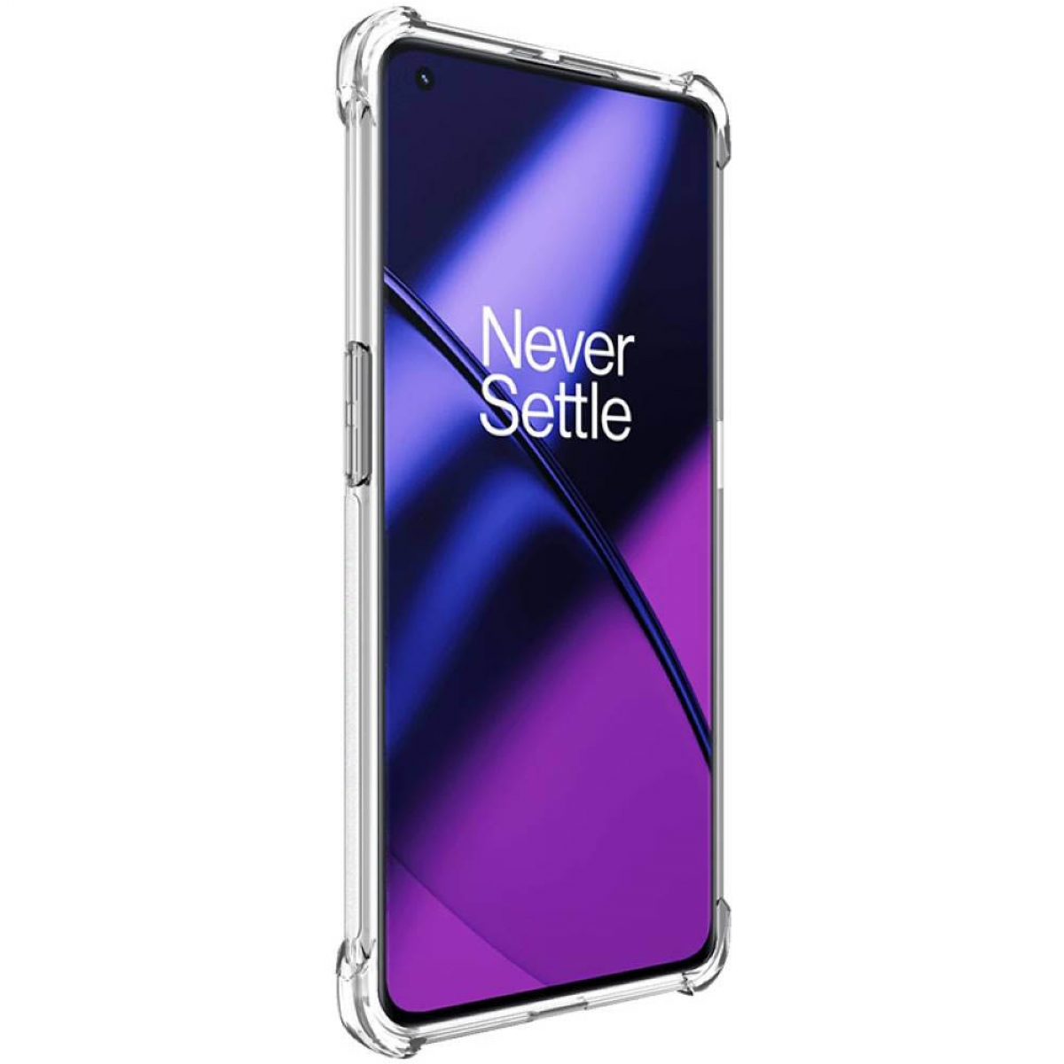 Eine durchsichtige Handyhülle auf einem Handy mit Bildschirm. Das Handy hat einen lila und blauen Hintergrund.