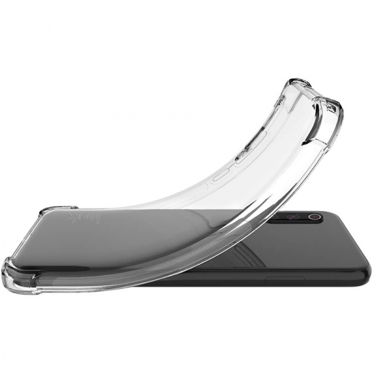 Eine transparente Handyhülle liegt über einem schwarzen Telefon, die Hülle ist teilweise geöffnet.