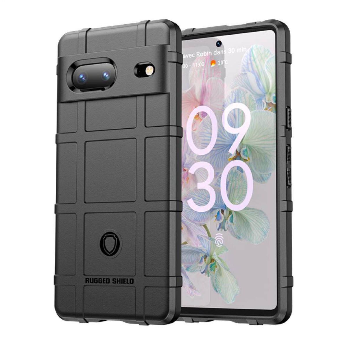 Ein schwarzes Telefon in einer schwarzen, robusten Hülle. Der Bildschirm zeigt eine Nachrichten-App und die Uhrzeit: 09:30.