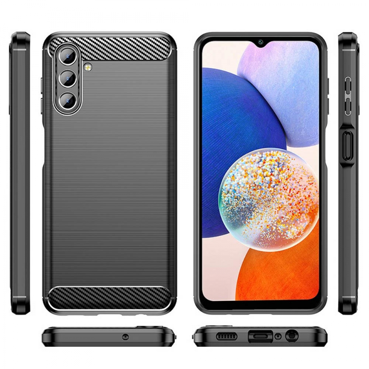 Smartphone-Hülle, verschiedene Ansichten. Schwarz mit Kohlefaser-Textur. Weißer Hintergrund.
