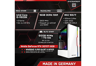 SYSTEMTREFF Pro Gaming Intel Core i5-11600K, Windows 11 Pro, Gaming PC mit Intel® Core™ i5 Prozessor , 16 GB RAM , 512 GB  mSSD , 1000 GB  HDD , Nvidia GeForce RTX 3070 Ti 8GB GDDR6X  