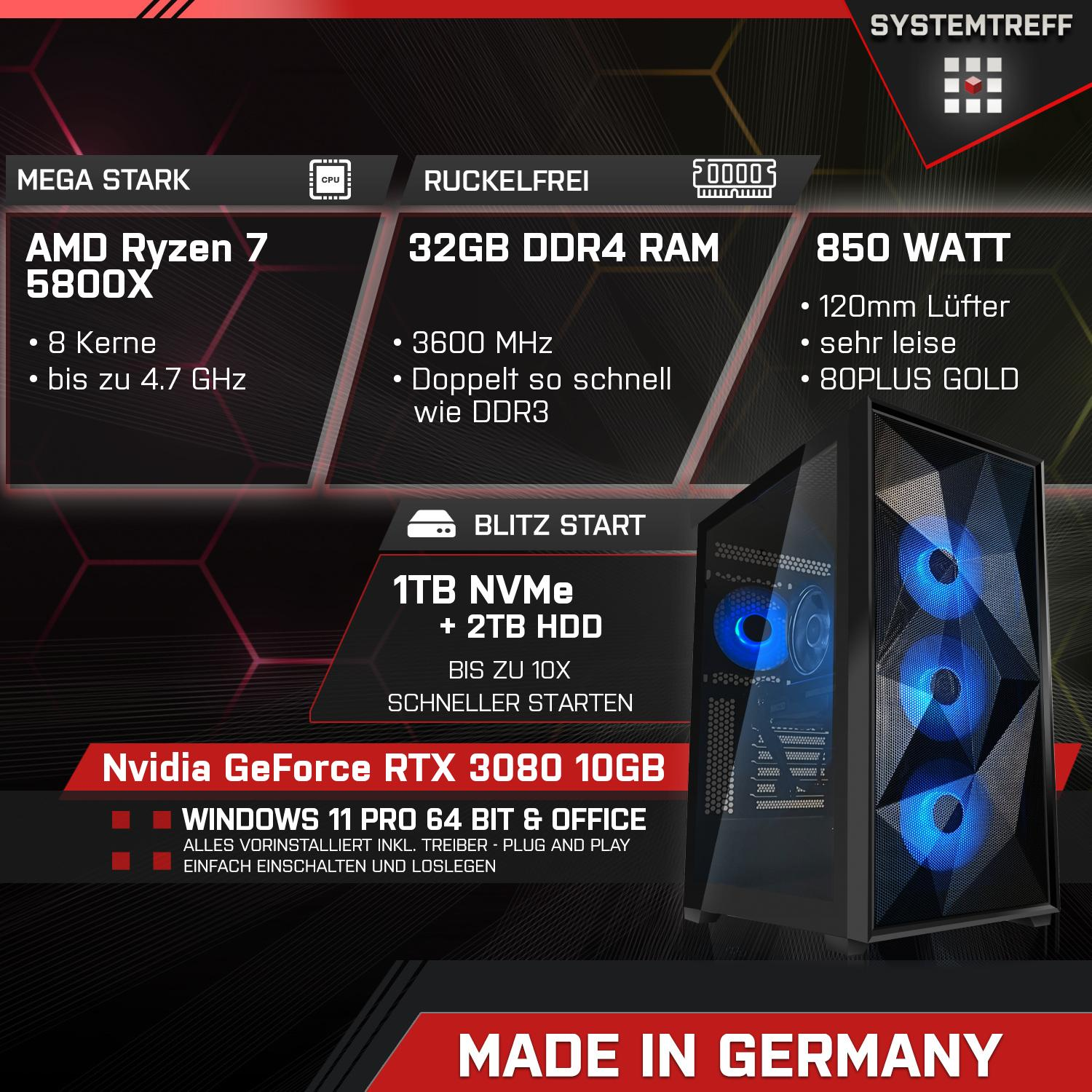 RTX™ Prozessor, 5800X, GB SYSTEMTREFF 32 Pro, GB mSSD, 1000 PC NVIDIA 7 3080 GeForce Gaming Ryzen™ 11 AMD mit Windows 7 RAM, High-End AMD Gaming Ryzen