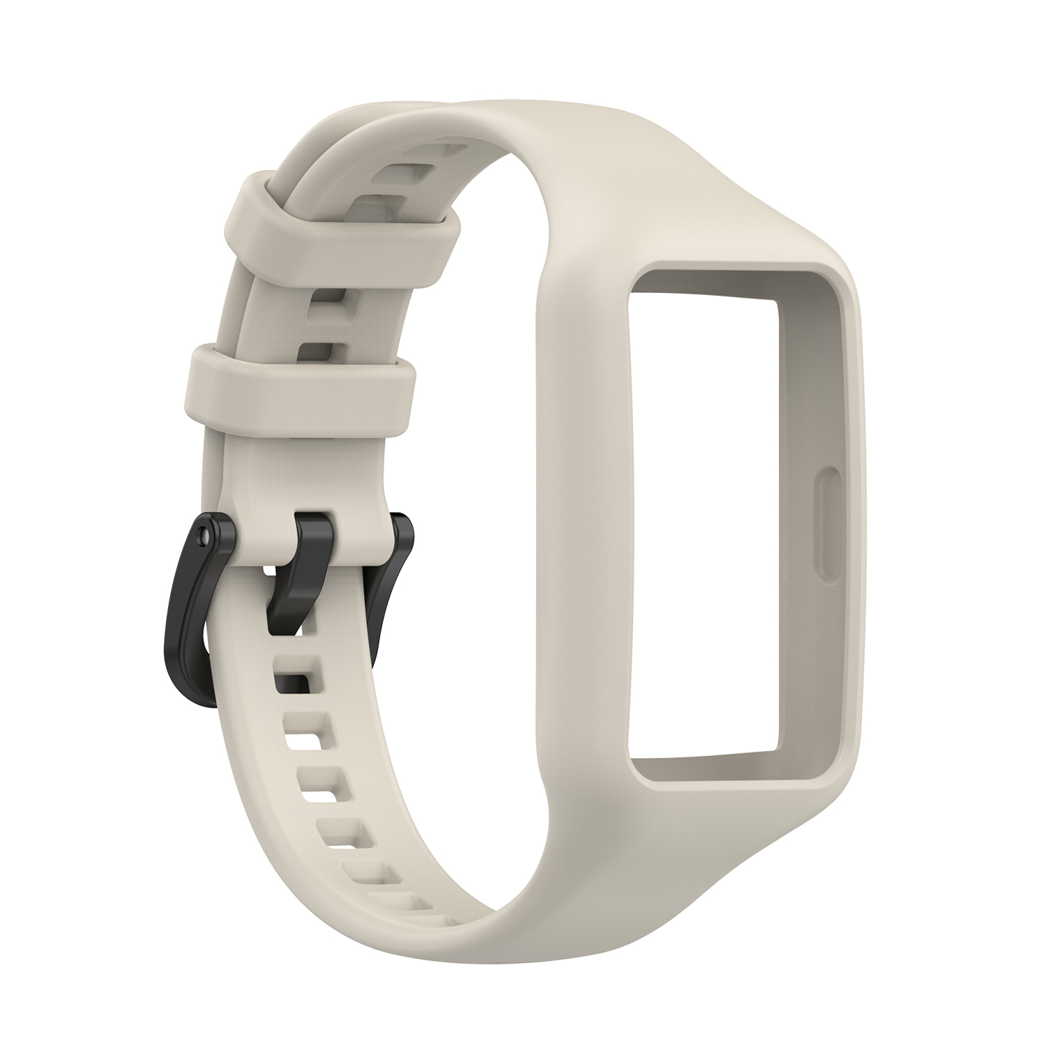 Beiges Uhrenarmband mit schwarzer Schnalle, weißer Hintergrund.