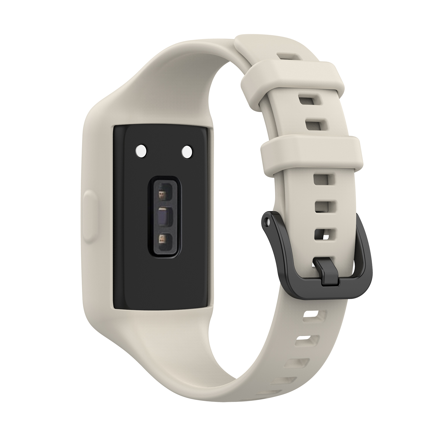 Cremefarbener Fitnesstracker mit schwarzem Armband und schwarzer Schnalle.