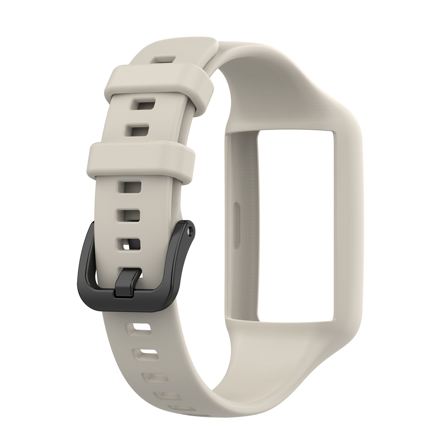 Ein hellbeiges Smartwatch-Armband mit schwarzer Schnalle, auf weißem Hintergrund für Präsentation.