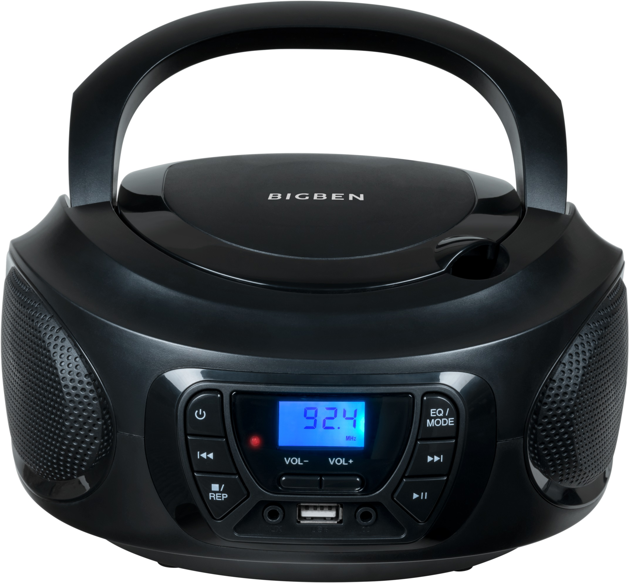 Czarny boombox BIGBEN z niebieskim wyświetlaczem, uchwytem i głośnikami na białym tle.
