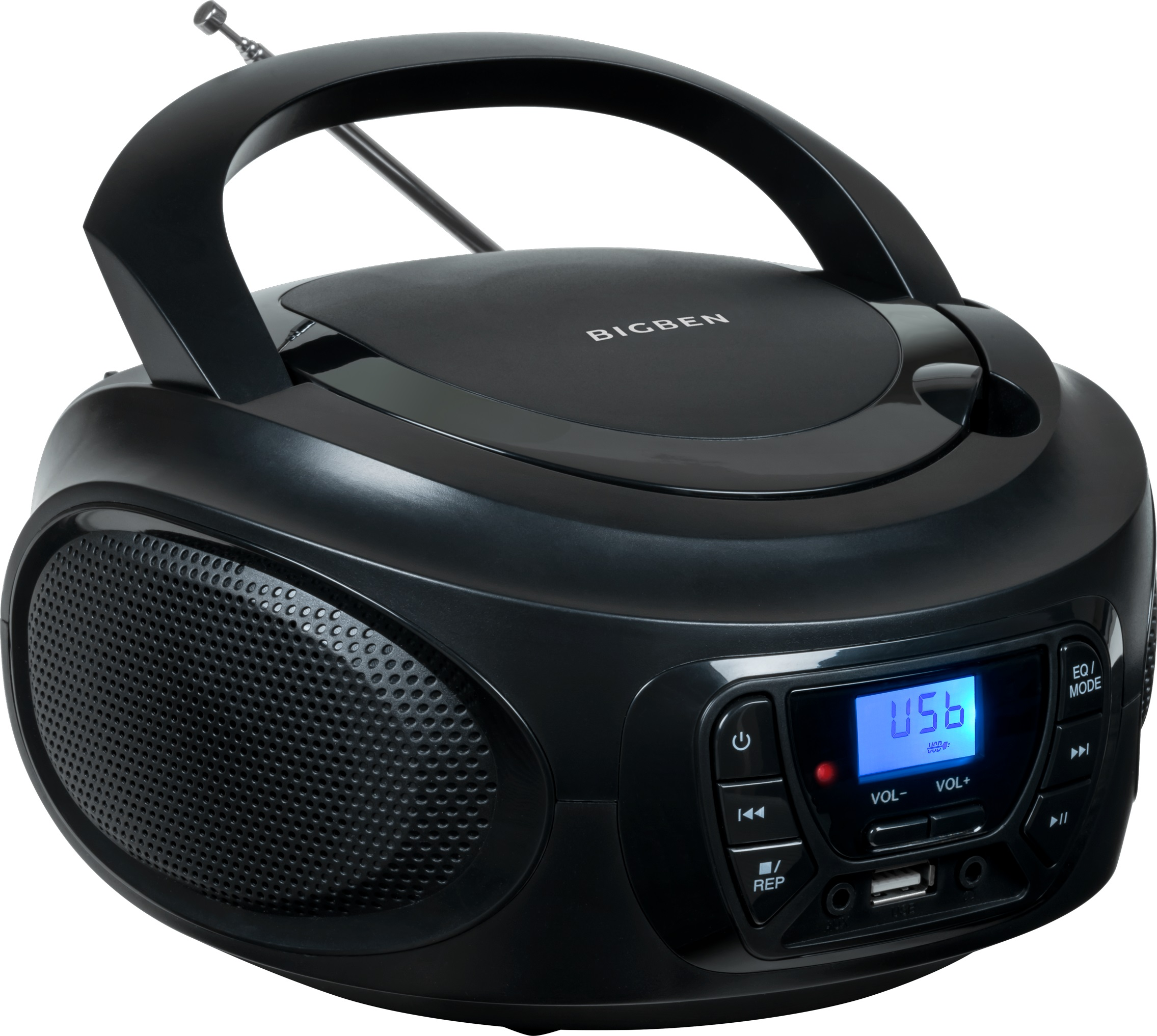 Czarny przenośny odtwarzacz CD/radio z niebieskim wyświetlaczem. Posiada uchwyt i głośniki.