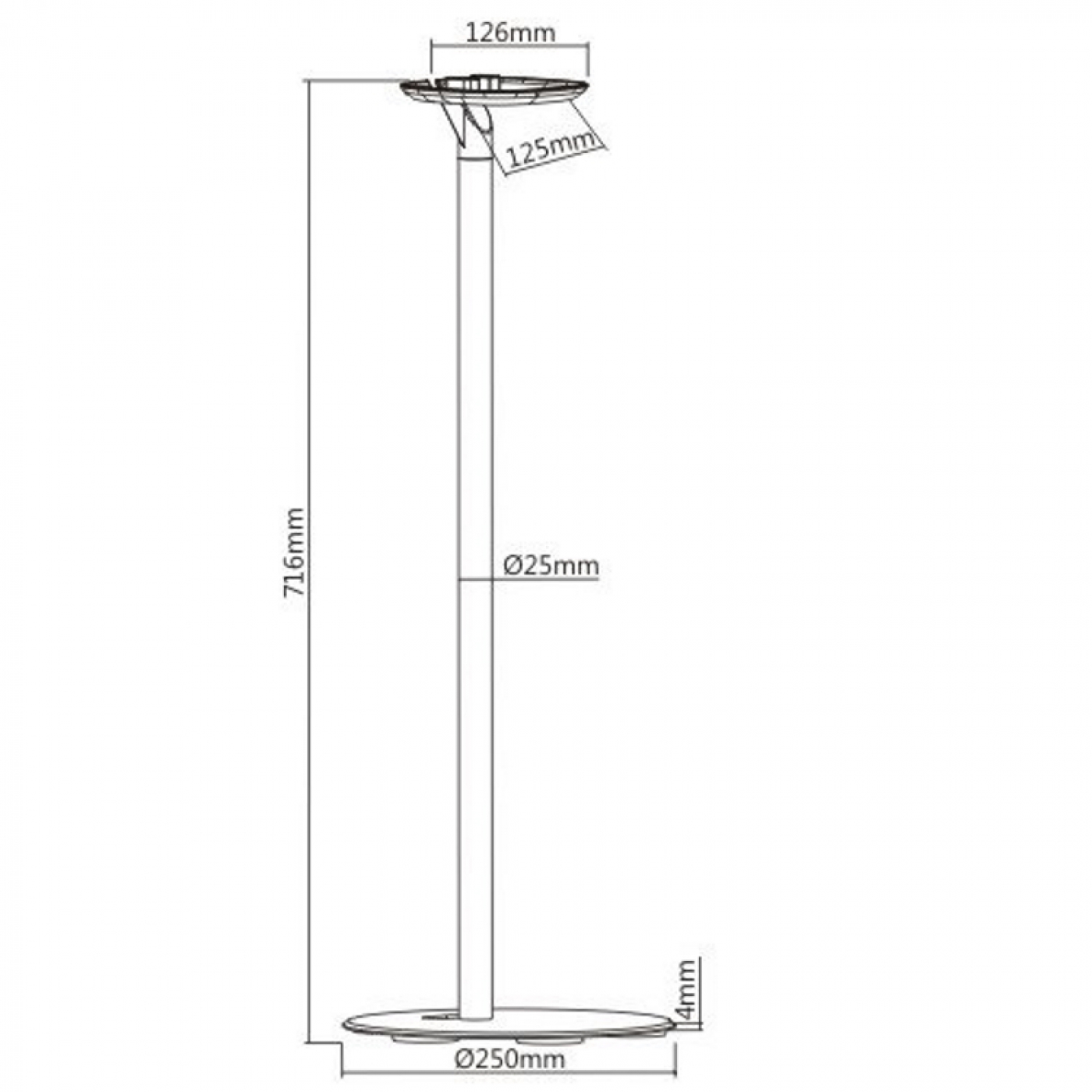 Zwart-wit diagram van een vloerlamp met afmetingen. Op een witte achtergrond.