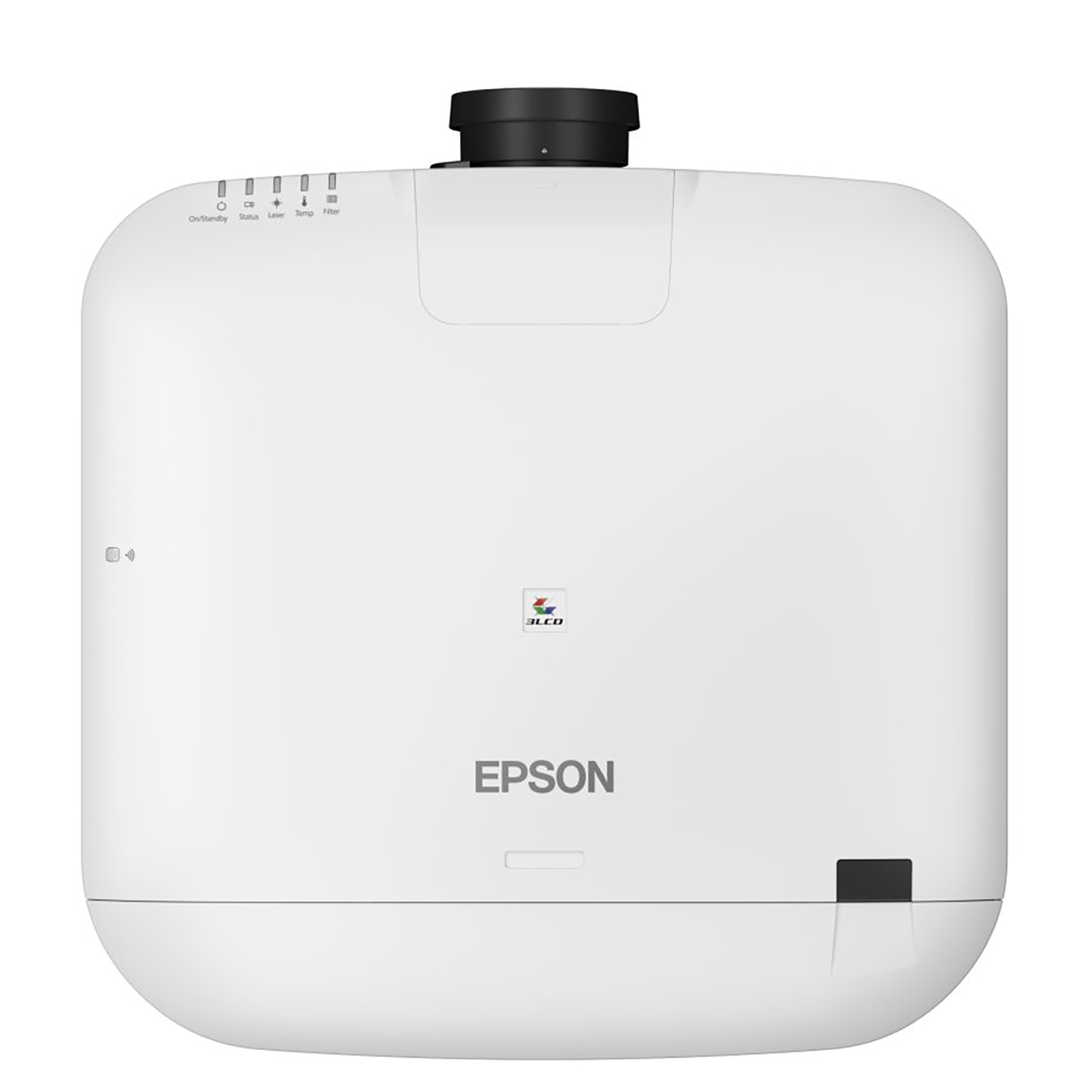 Weißer Projektor mit Epson-Logo, Bedienelementen und schwarzer Oberseite. Der Hintergrund ist weiß.