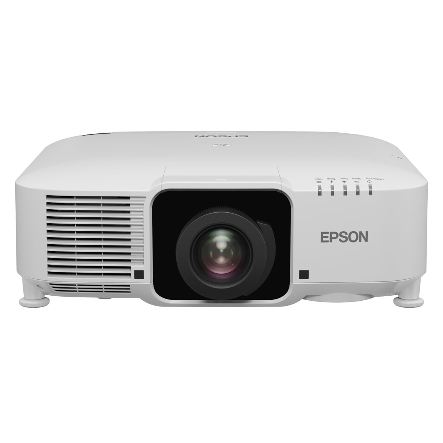 Weißer Epson-Projektor, Vorderansicht, mit Objektiv.