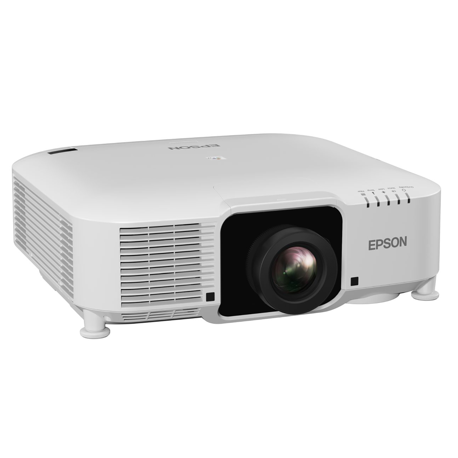 Weißer Projektor mit schwarzem Objektiv. Es trägt den Markennamen "EPSON" auf der Vorderseite.