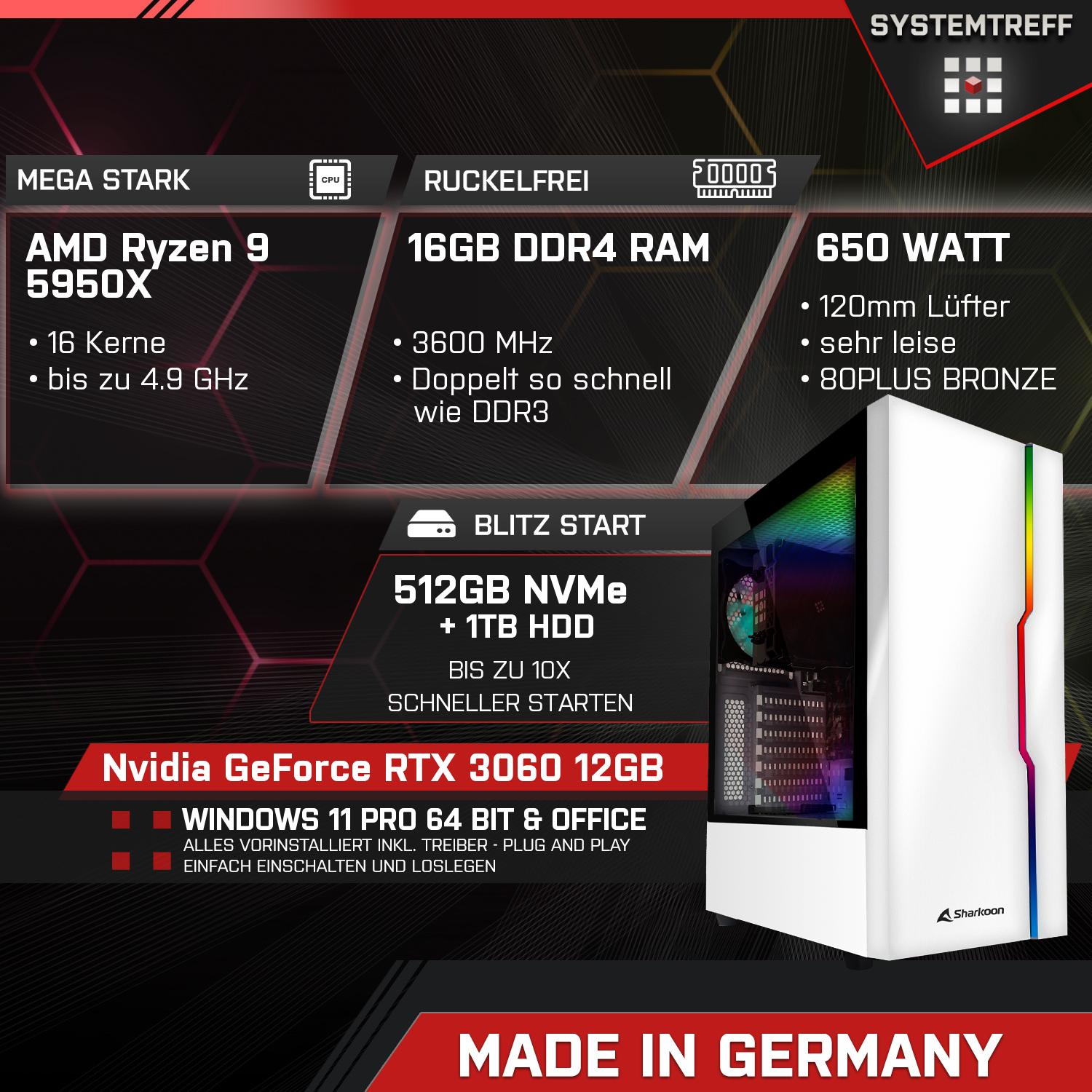 Pro, GeForce GB Ryzen 16 NVIDIA Ryzen™ Gaming 11 mSSD, 3060 Prozessor, SYSTEMTREFF Pro AMD 5950X, PC RAM, Windows 9 512 GB 9 RTX™ AMD mit Gaming