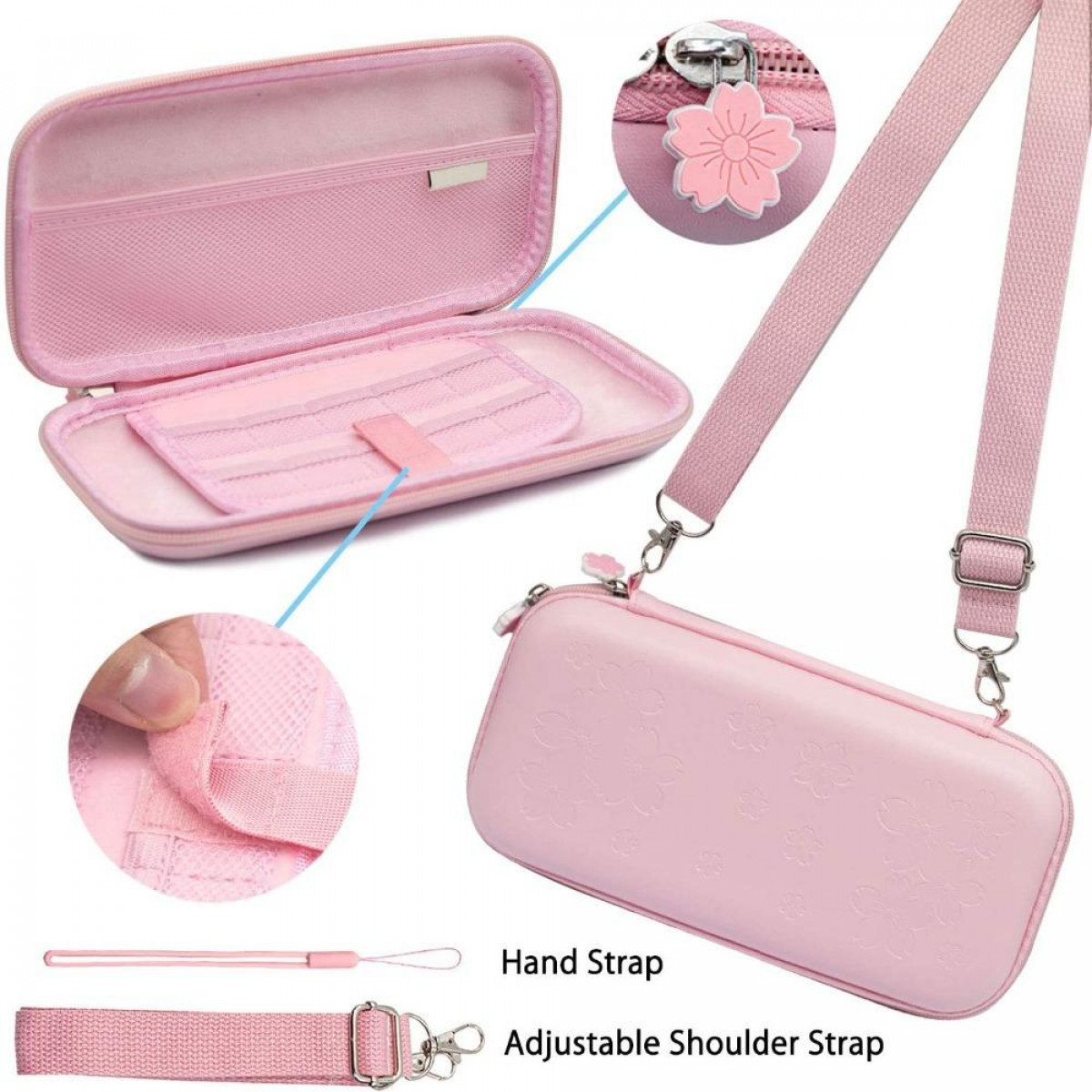 Roze Nintendo Switch-hoes met accessoires. Inclusief een hoes, handriem en verstelbare schouderriem.