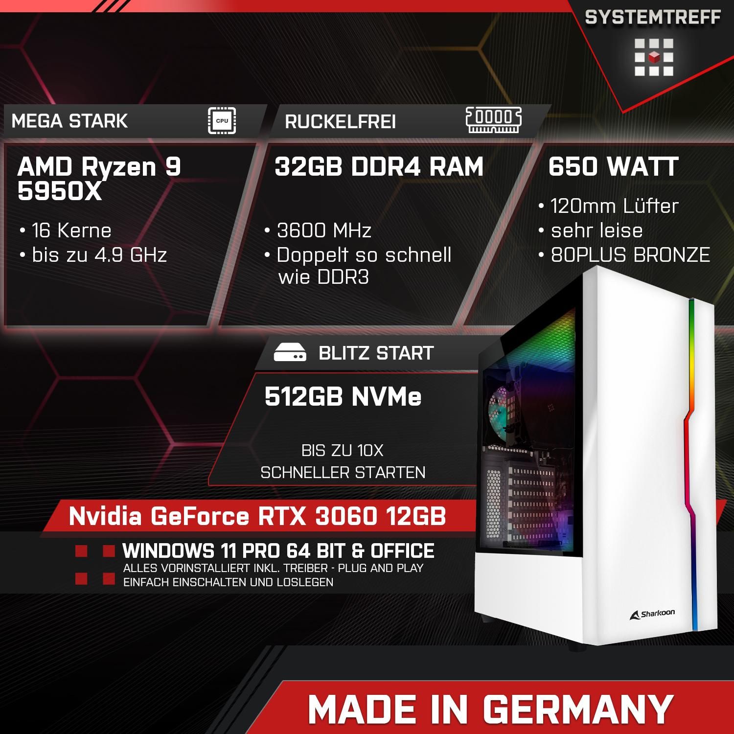 mSSD, NVIDIA AMD 9 mit Pro, Gaming GeForce Ryzen™ 11 3060 PC GB 32 AMD Ryzen 9 Pro RAM, GB Windows RTX™ SYSTEMTREFF Prozessor, Gaming 512 5950X,