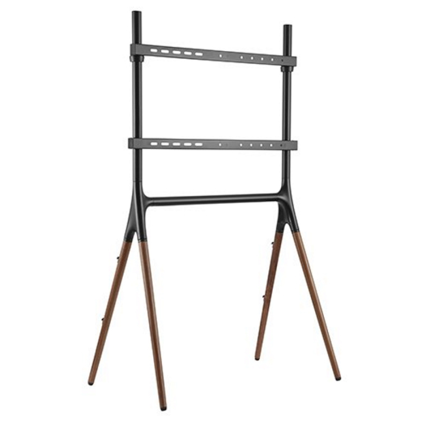 Tv-standaard met houten poten, zwart frame en planken, geïsoleerd op wit.