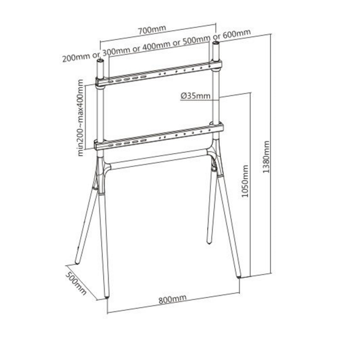 Diagram met een standaard voor een scherm, met afmetingen in mm.