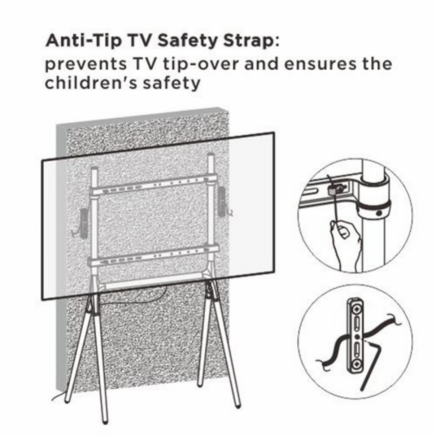 Diagram van tv-standaard en veiligheidsriem. Voorkomt kantelen, veiligheid van kinderen.