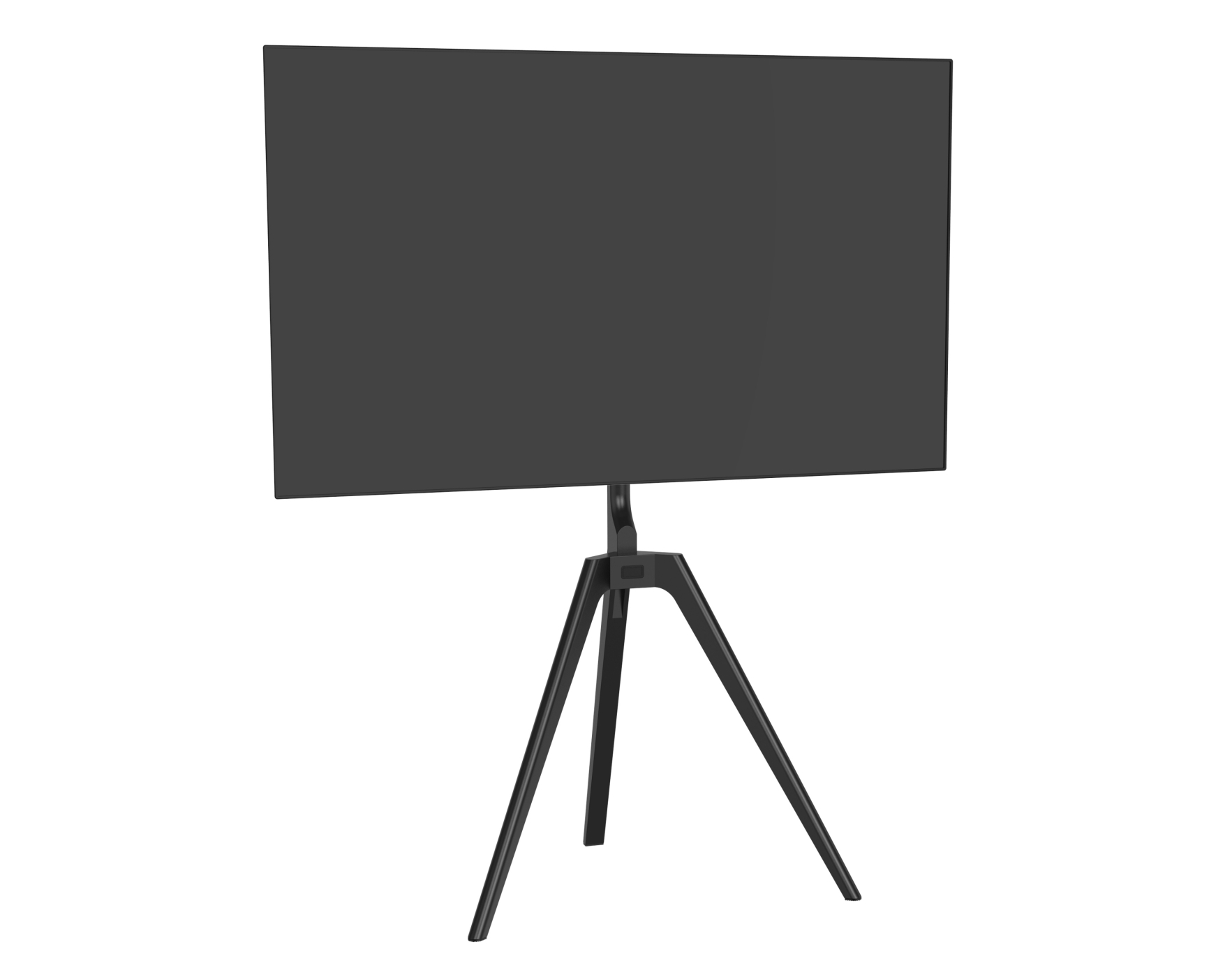 Een zwart tv-scherm op een zwart statief, geïsoleerd op een witte achtergrond.