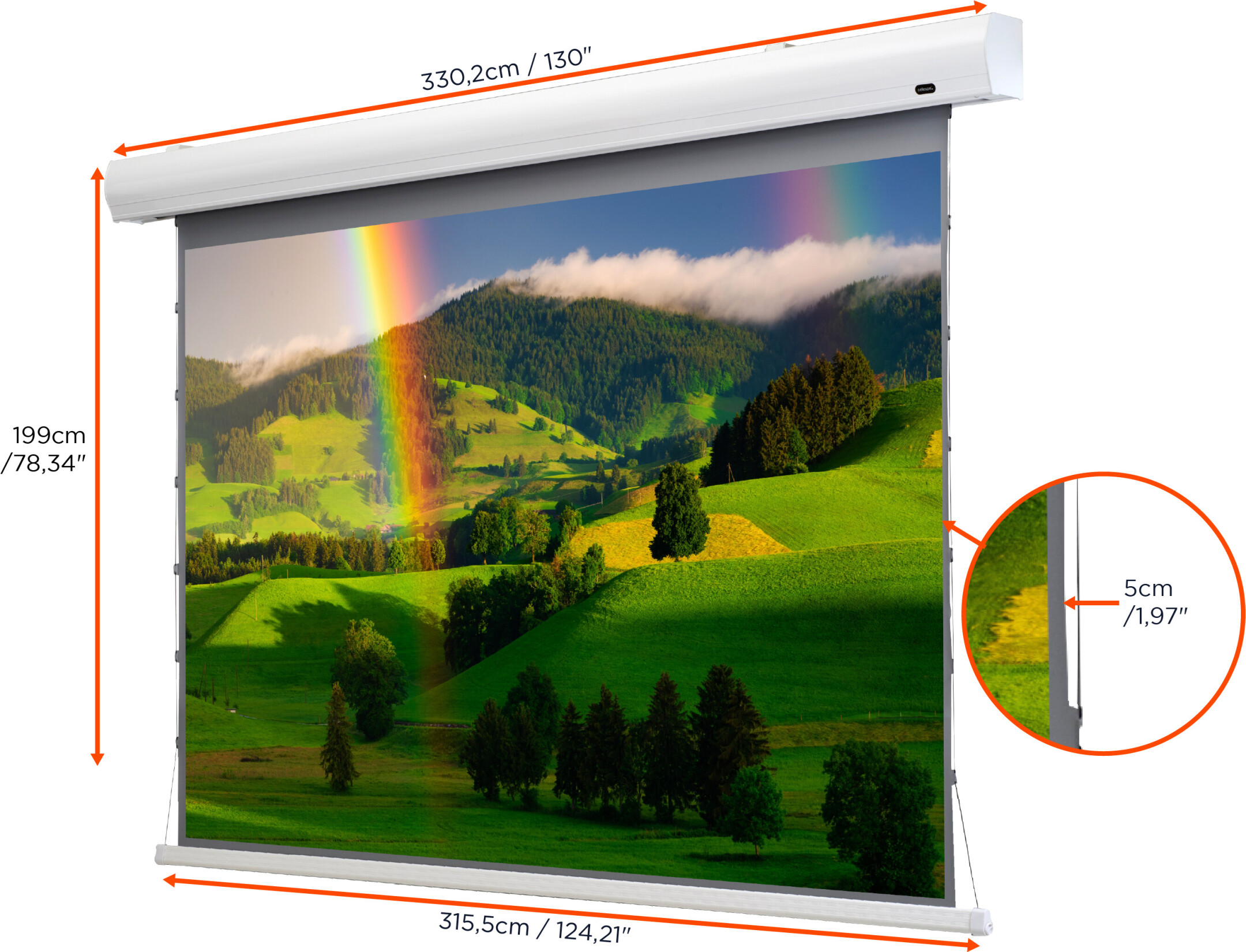 Weiße Projektorleinwand mit Landschaft und Regenbogen. Abmessungen und Details im Bild.