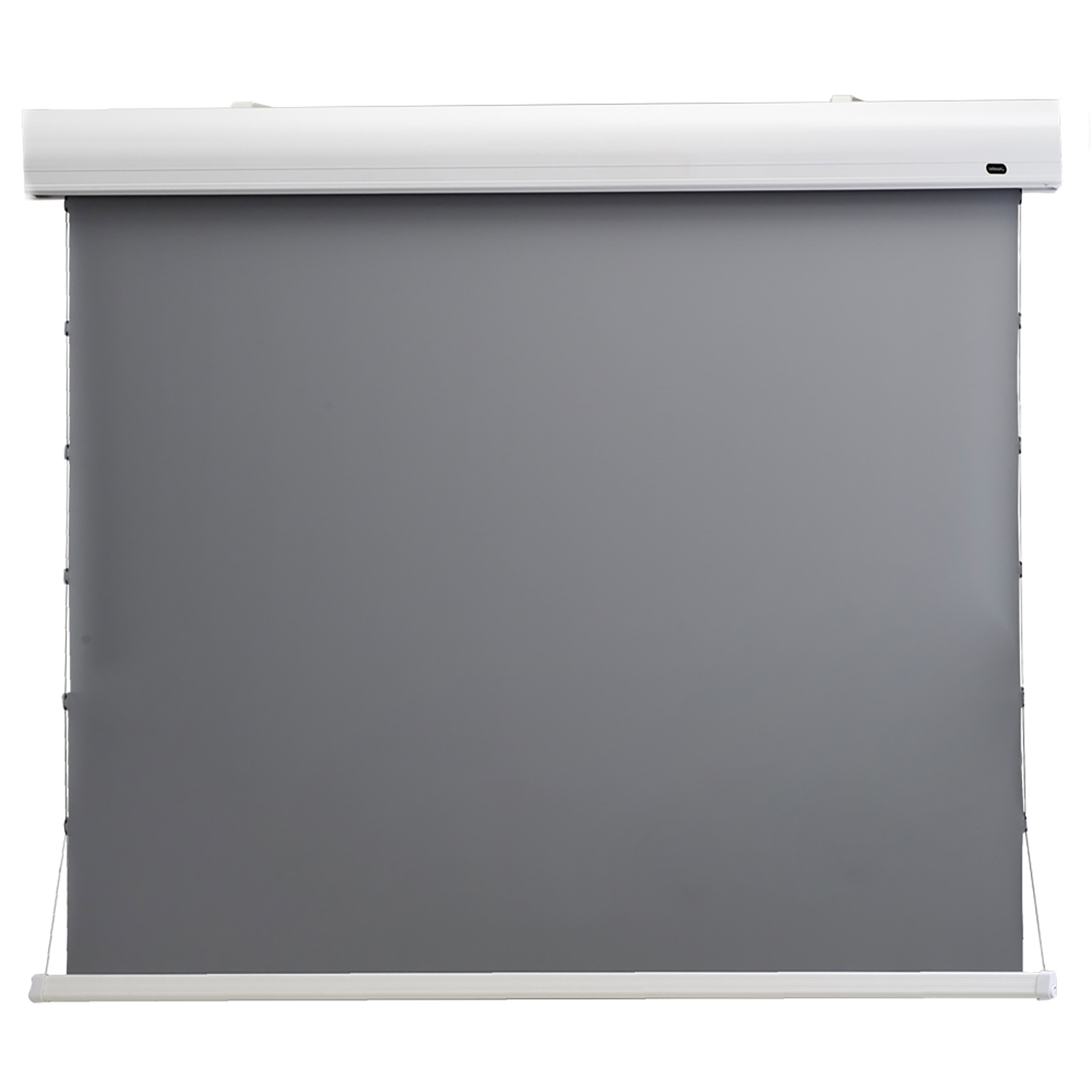 Graue Projektorleinwand, weißer Rahmen. Hängt, bereit für Bilder.