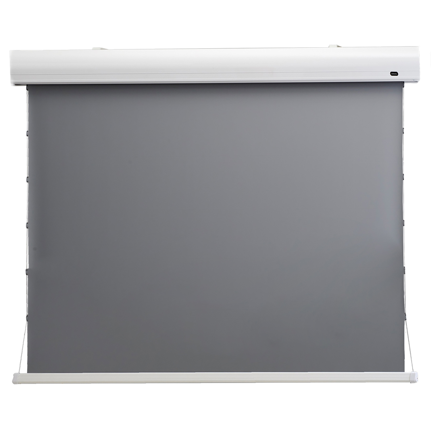 Graue Projektorleinwand mit weißem Gehäuse vor weißem Hintergrund.