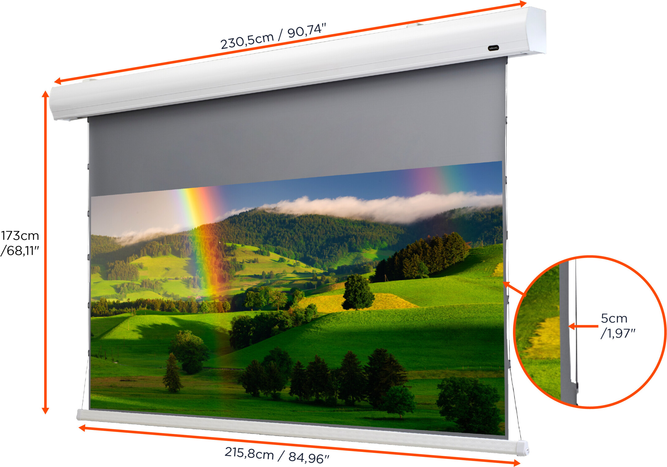 Eine Projektionsleinwand mit Landschaftsbild eines Regenbogens über einem grünen Feld.