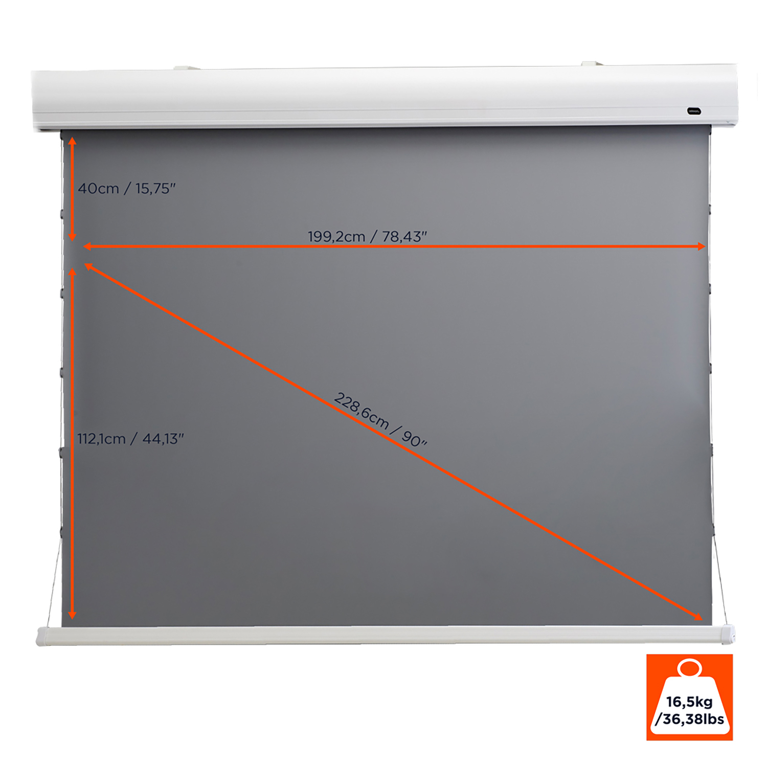 Projektorleinwand mit Maßen: 40cm, 199,2cm, 228,6cm.