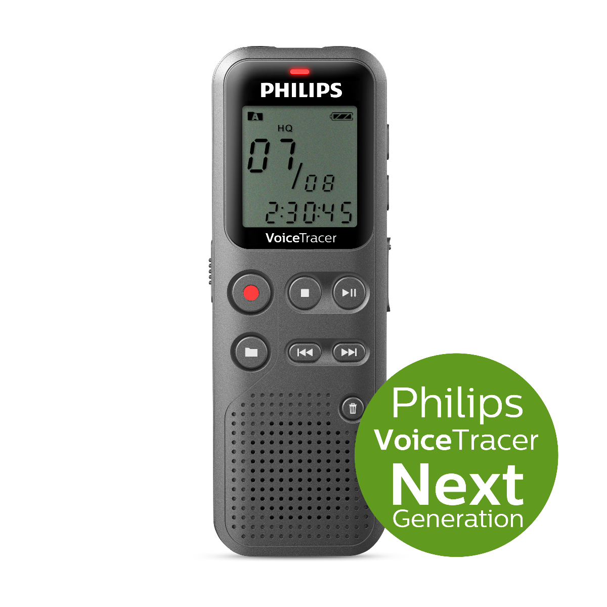 Registratore Philips VoiceTracer grigio scuro. Un cerchio verde con testo 'Philips VoiceTracer Next Generation'.