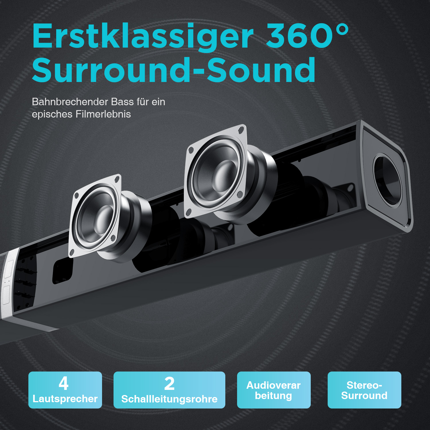 Schwarze Soundbar mit Lautsprechern. Die Soundbar hat zwei Lautsprecher und der Text ist auf Deutsch.