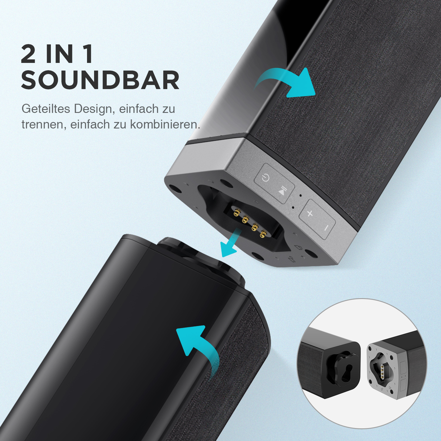 Eine 2-in-1-Soundbar im zerlegten Zustand. Schwarze und graue Farben. Blauer Hintergrund.
