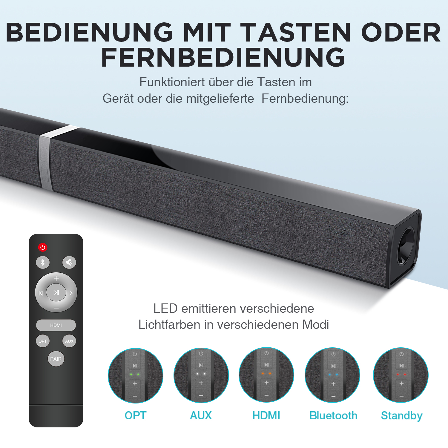 Soundbar mit Fernbedienung und Modustasten, einschließlich OPT, AUX, HDMI, Bluetooth und Standby-Optionen.