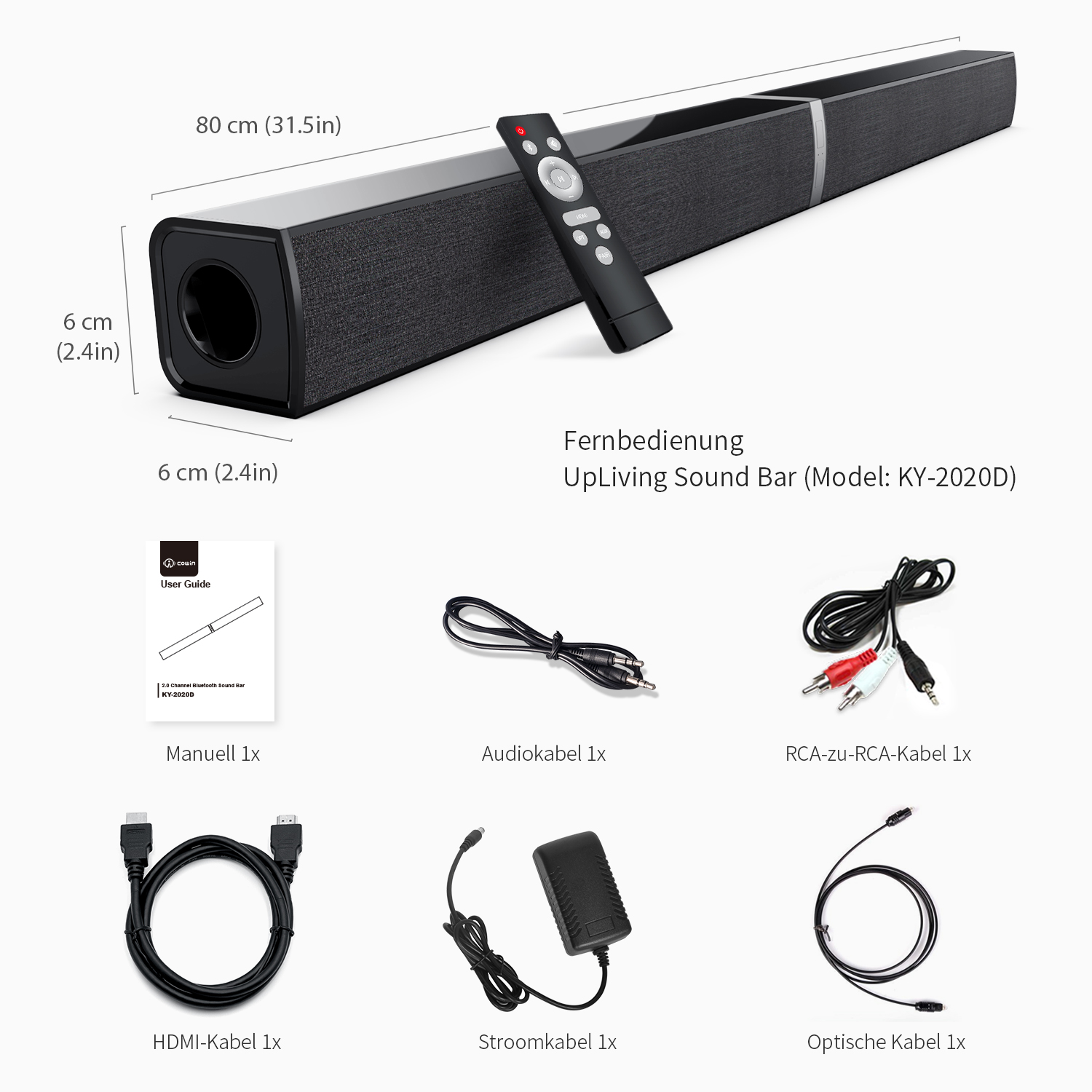 Soundbar mit Fernbedienung und Zubehör. Schwarzes und graues Design mit Abmessungen.