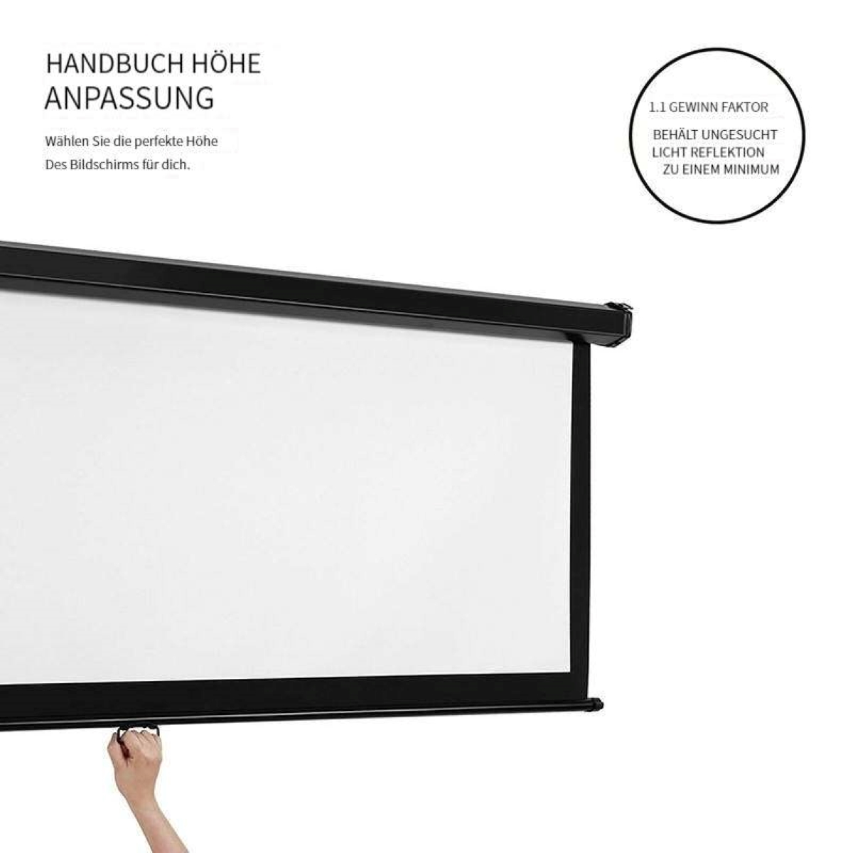 Weiße Projektorleinwand, Hand zieht herunter, Text oben.