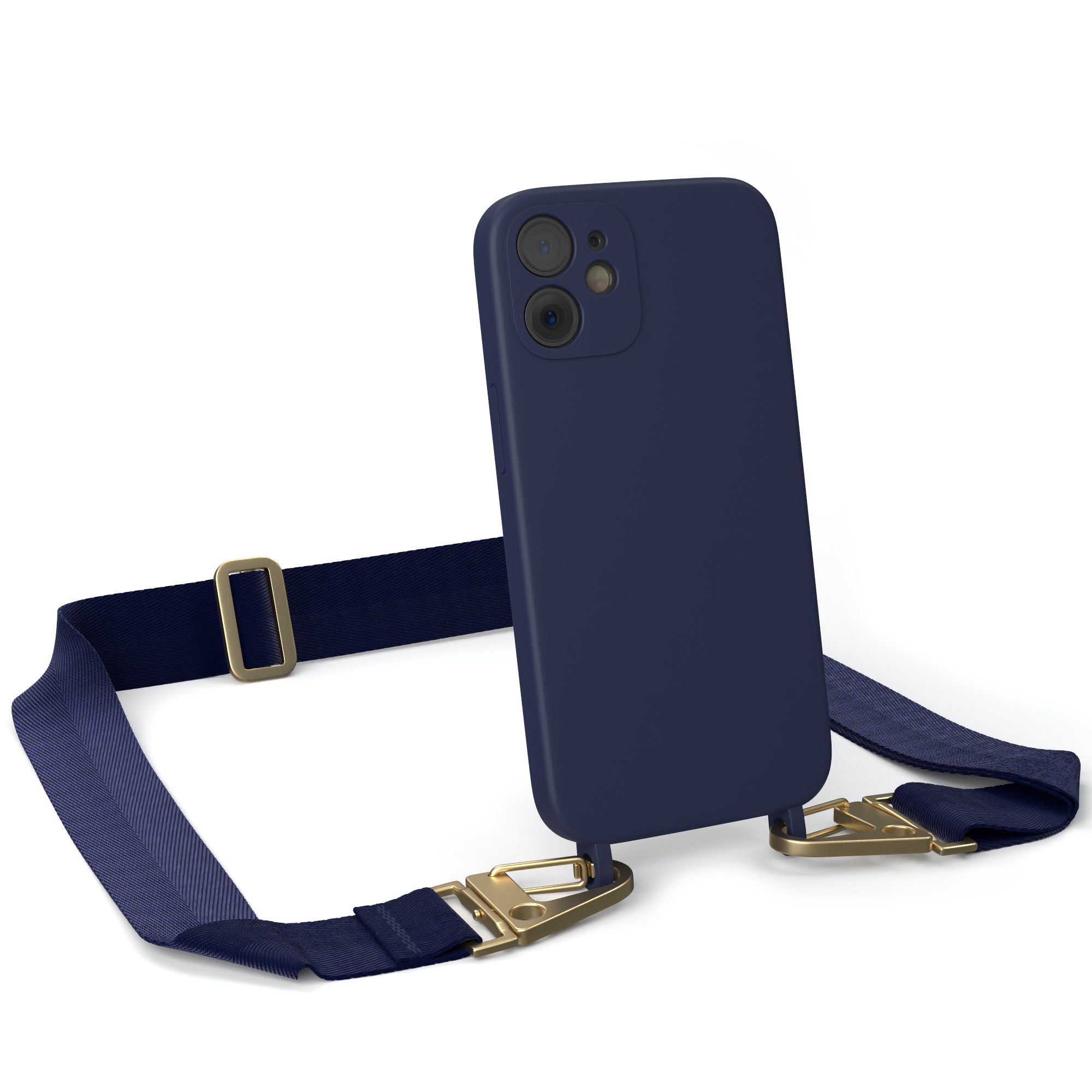 Marineblaues Telefoncase mit Lanyard, goldene Hardware auf weißem Hintergrund.