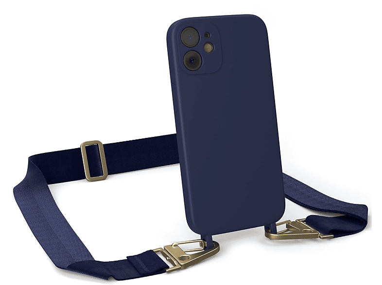 12 CASE / Breit Silikon Mini, Dunkel EAZY mit iPhone Karabiner Blau Handy Kette Apple, Umhängetasche, Gold Premium Hülle,