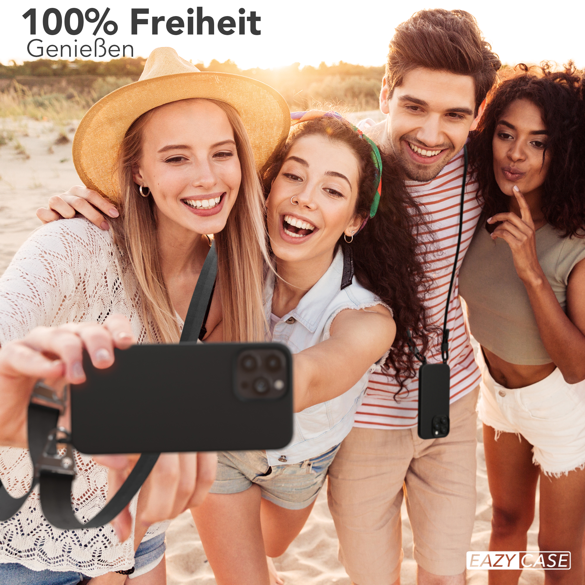 CASE iPhone Premium 13 / Silber Umhängetasche, Silikon mit Schwarz Kette Karabiner Max, Apple, Handy Pro EAZY Hülle, Breit