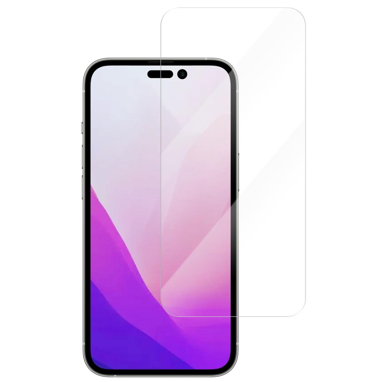 Smartphone nero con protezione schermo. Sfondo bianco, telefono e protezione trasparente.
