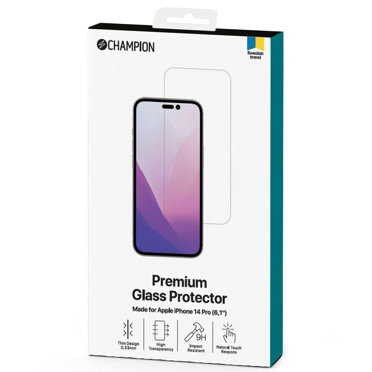 Scatola mostra una protezione schermo. Testo: 'Premium Glass Protector' per iPhone 14 Pro, icone.