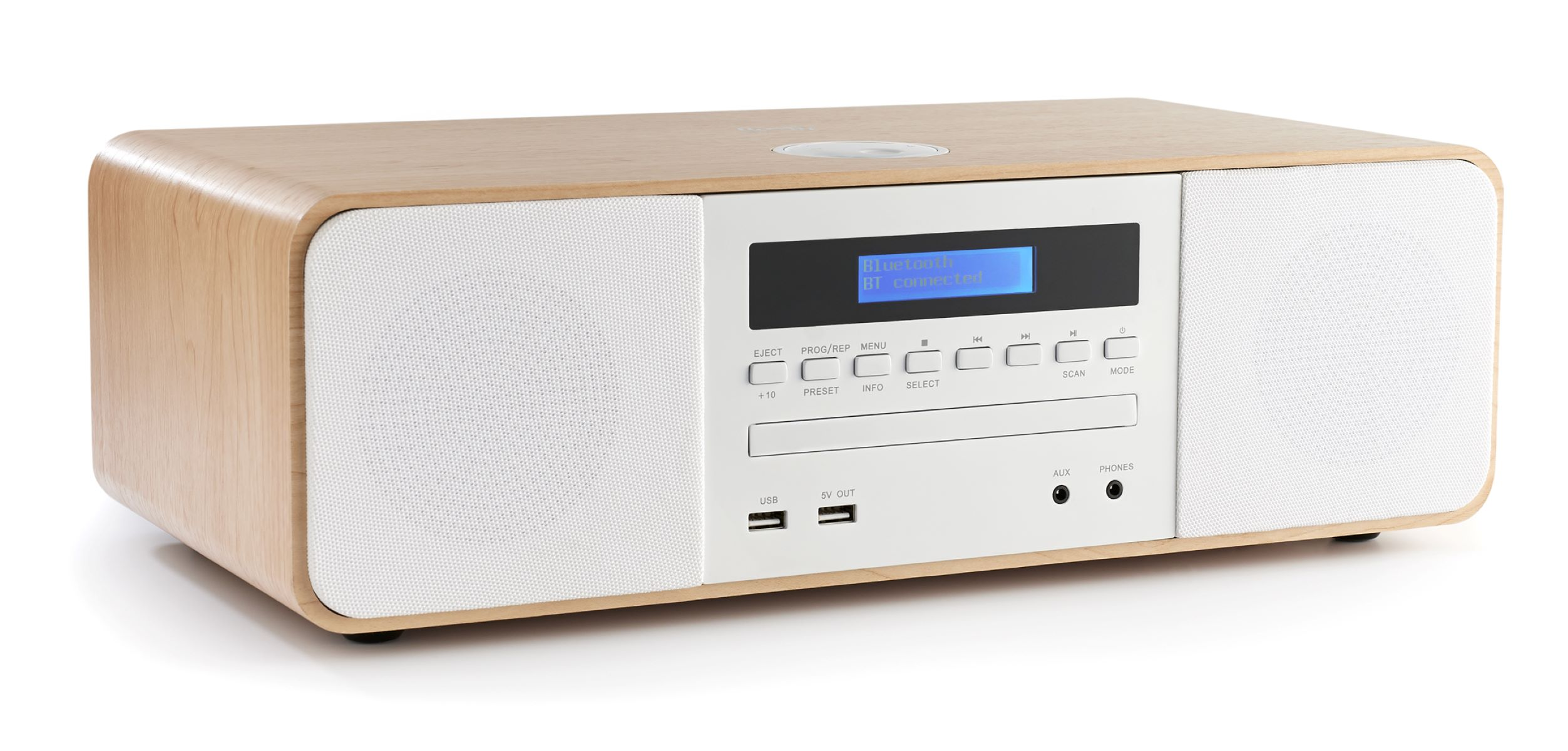 Drewniany system audio z przyciskami i wyświetlaczem. Posiada porty USB, port aux i gniazdo słuchawkowe.