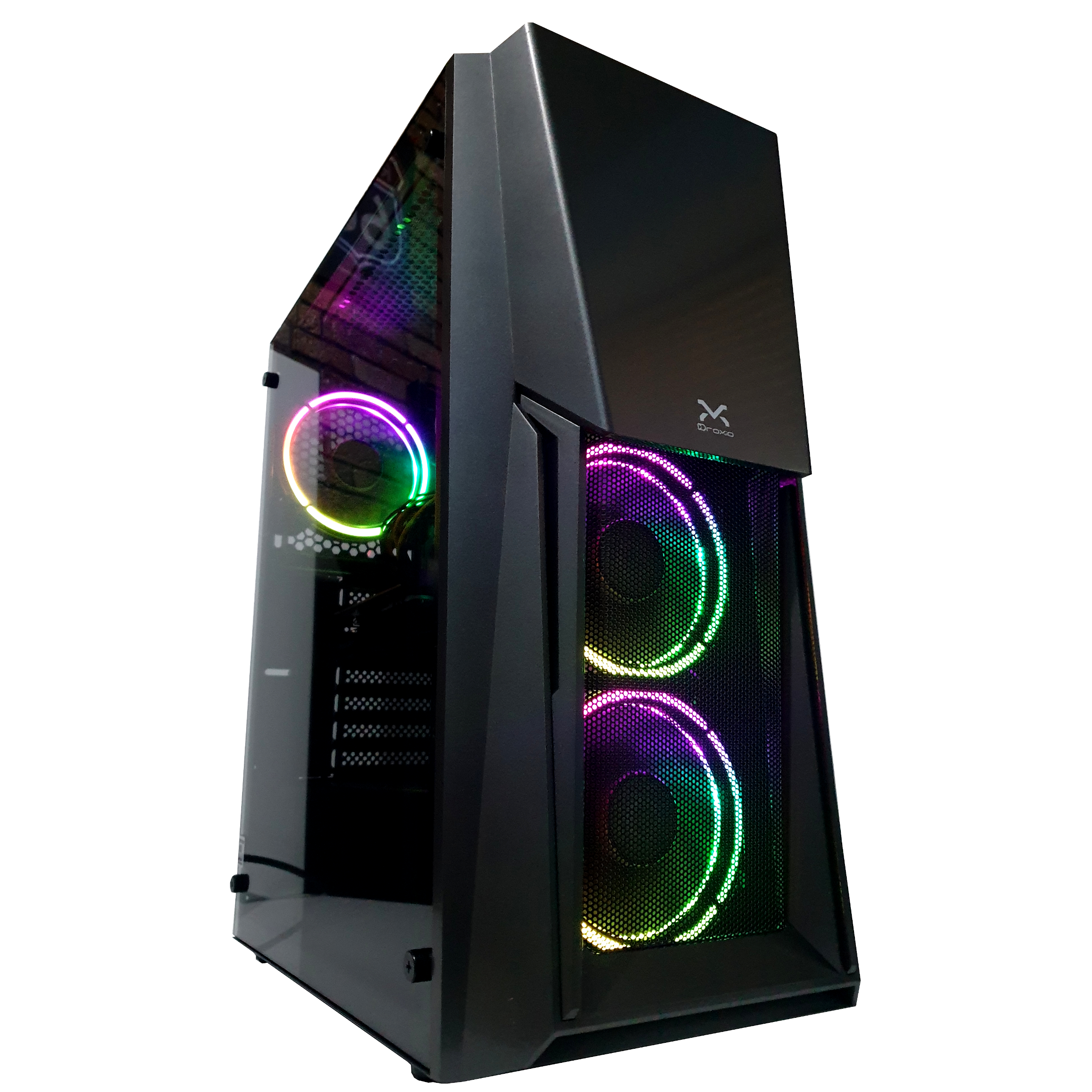 Una carcasa de computadora negra con panel lateral de vidrio, que muestra componentes internos con iluminación colorida.