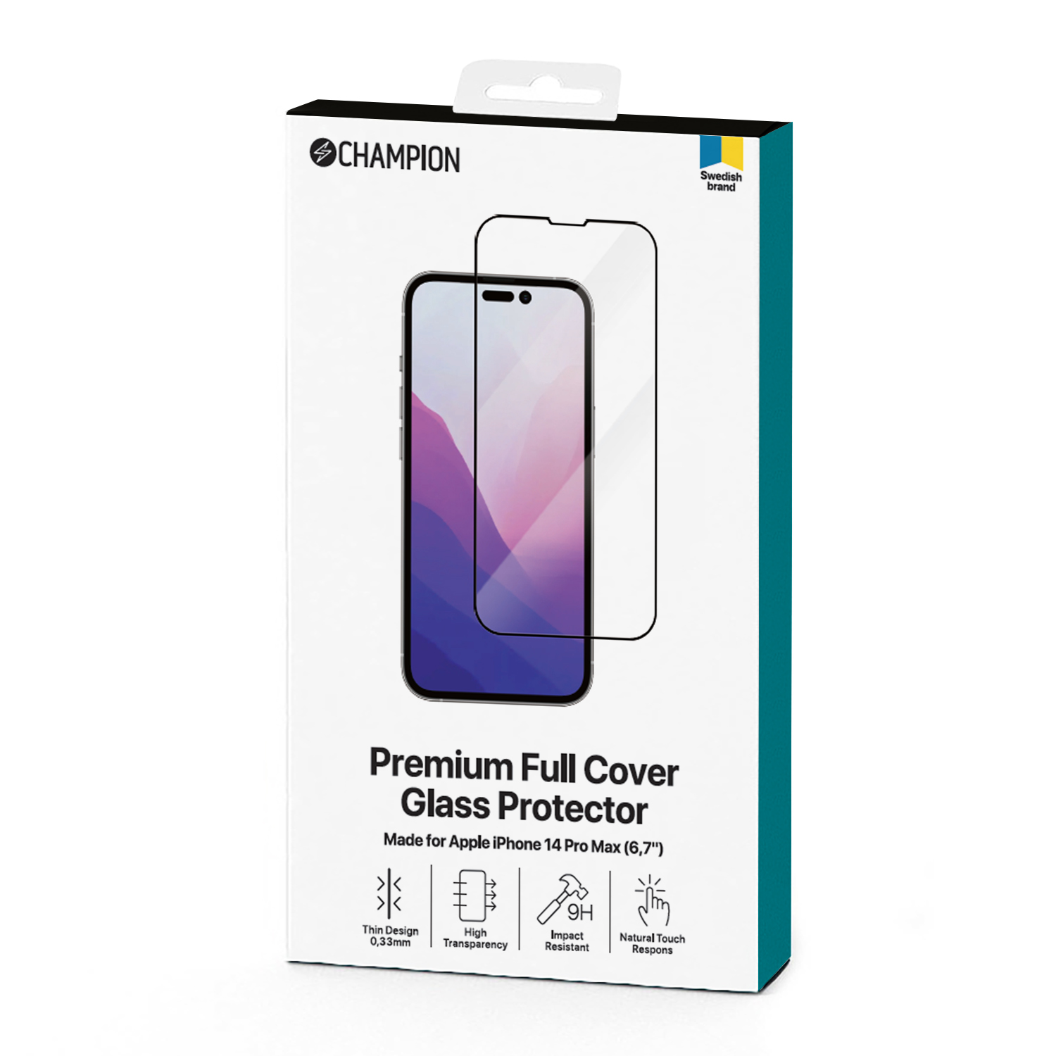 Displayschutzfolie für das Telefon in einer Box. Text: Premium Full Cover Glass Protector. Weißer Hintergrund.