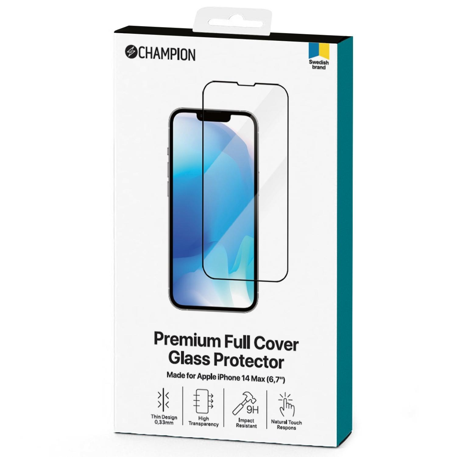 Una scatola bianca con una protezione schermo per iPhone 14 Max. Mostra la protezione.