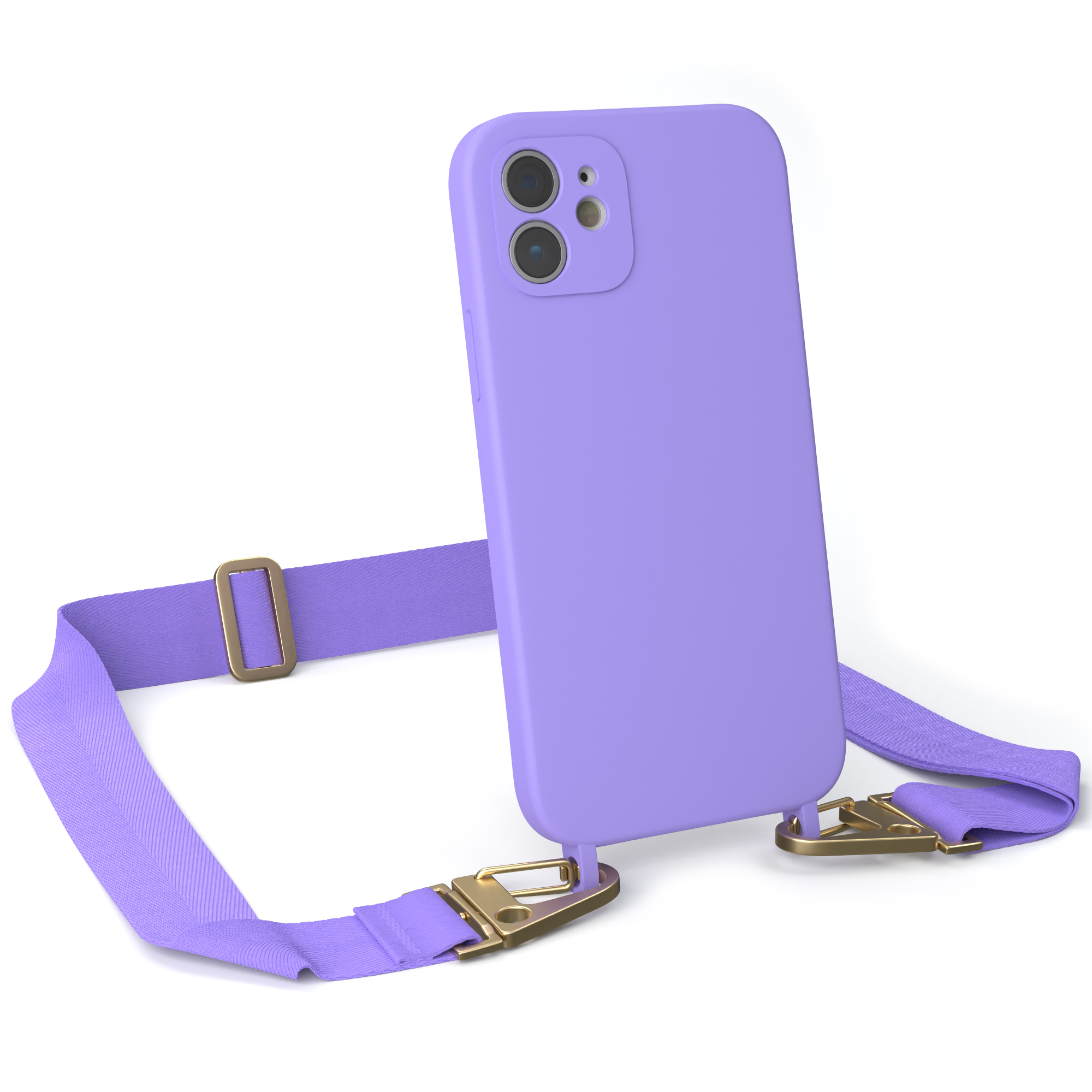 Lila Handyhülle mit Lanyard. Die Hülle ist lila und das Lanyard ist ebenfalls lila mit goldenen Verschlüssen.